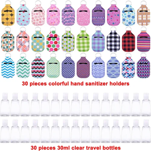 Vista 2 de Duufin Juego de 60 botellas vacías para desinfectante de manos, Colores Variados Including 30 Pcs Vibrant Hand Sanitizer Keychain Holder and 30
