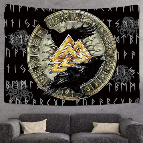 Vista 4 de F-FUN SOUL Tapiz nórdico de cuervo vikingo, 40 x 30 pulgadas, misteriosas runas de meditación vikinga, arte nórdico, tapices colgantes de pared