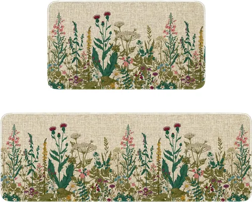Vista 10 de Juego de 2 tapetes y tapetes de cocina con diseño floral de primavera, diseño floral de acuarela para piso, decoración de fregadero de cocina