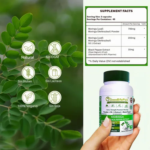 Vista 14 de Cápsulas de moringa prémium con pimienta negra. Polvo de oleifera de moringa y extracto de moringa 50:1 para obtener los máximos beneficios, 90