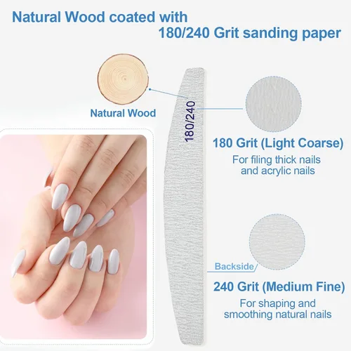 Vista 3 de Limas de uñas (paquete de 12), lima de uñas de madera de grano 180/240, lima de uñas de doble cara de madera Emory para uñas naturales, profesional