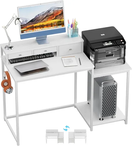 Vista 9 de SINPAID Escritorio para computadora de 47 pulgadas con estante para impresora, escritorio de juegos con soporte para monitor y cajones, escritorio