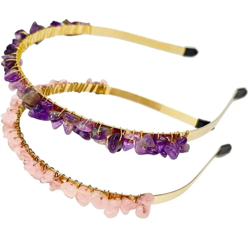 Vista 10 de Diadema de cuarzo de cristal crudo, accesorios para el cabello, tiara con joyas para mujeres y niñas, 3 piezas