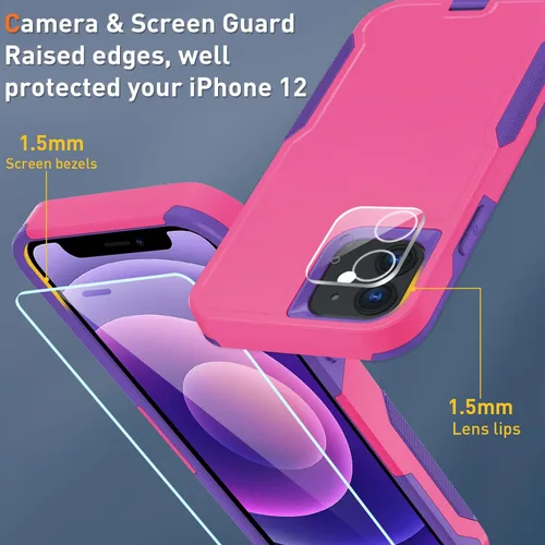 Vista 3 de Xmon Funda para iPhone 12 [a prueba de golpes] [a prueba de caídas] [Protector de pantalla de vidrio templado con protector de lente de cámara]