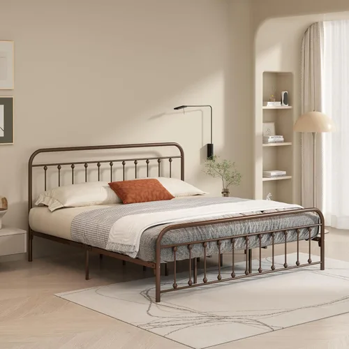 Vista 8 de Marco de cama de metal tamaño matrimonial con cabecero y estribo, sin somier, color blanco