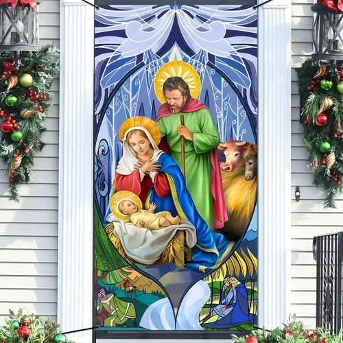 Vista 4 de Decoraciones de Navidad, cubierta de puerta de Navidad, cubierta de puerta de pesebre, escena religiosa, pancarta de puerta delantera de Navidad