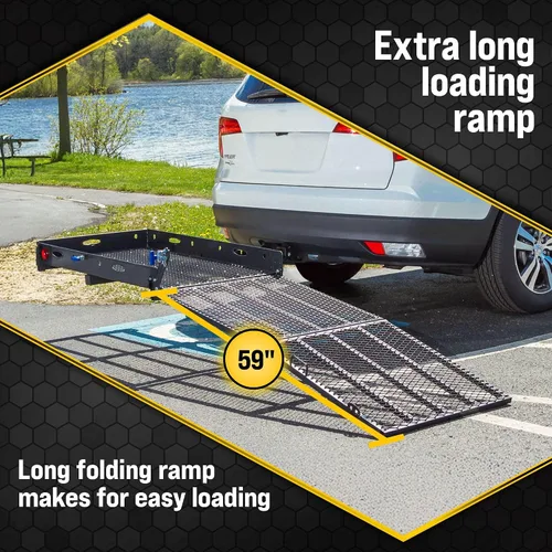 Vista 4 de Titan Ramps, porta silla de ruedas y scooter con enganche de 2 pulgadas, rampa plegable con capacidad de 500 libras para autos, camiones y carga