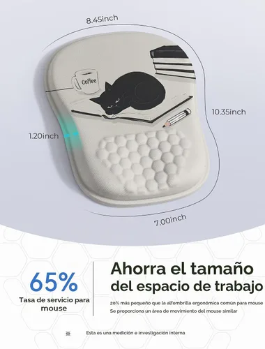 Vista 2 de Alfombrilla de mouse ergonómica con bonito diseño de gato negro, para aliviar el dolor del túnel carpiano, área de mouse 65% utilizable