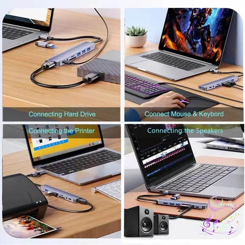 Vista 7 de Hub USB C Hub USB 3.0, extensor USB 8 en 1 de aluminio VIENON con lector de tarjetas SD/TF, conector auxiliar de auriculares de 3.5mm para MacBook