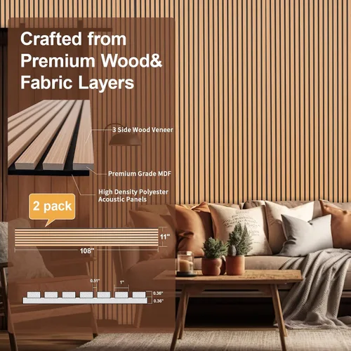 Vista 2 de Yuzzy - Paneles de madera para pared - 2 paneles acústicos de listones de madera de teca de 9 pies - Paneles de pared modernos con absorción