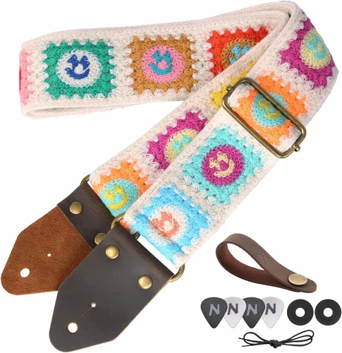 Vista 13 de Nefelibata Correa de guitarra, correas de guitarra de algodón bordado jacquard con extremos de cuero de caballo loco para bajo, eléctrico