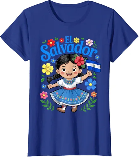 Vista 7 de Camiseta de estilo tradicional floral para niña con la bandera de El Salvador