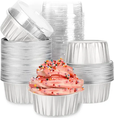 Vista 9 de Mini tazas de papel de aluminio para hornear cupcakes con tapas (40 piezas, 5 oz), forros redondos de papel de aluminio para cupcakes, moldes