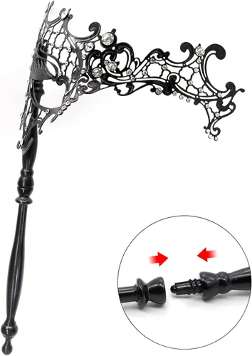 Vista 6 de Thmyo Máscara veneciana de fiesta de Mardi Gras de Halloween con palo de sujeción, máscara de mano con plumas de metal y diamantes de imitación