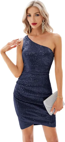 Vista 2 de GRACE KARIN Vestido de lentejuelas para mujer, con purpurina brillante, un hombro, vestido de fiesta, club, dobladillo cruzado, vestidos de cóctel