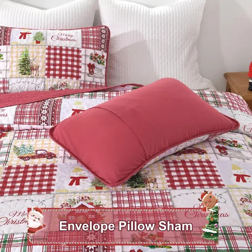 Vista 6 de Luxudecor Juego de edredón de Navidad tamaño Queen de 3 piezas, colcha de Navidad de retazos rojos con fundas de almohada, colcha reversible suave