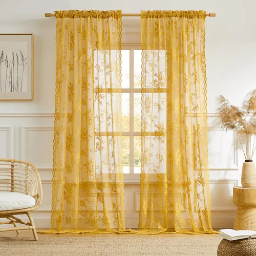 Vista 66 de Cortinas de encaje beige, juego de 2 paneles de cortinas traslúcidas con bolsillo para cortinero, decoración de ventana pequeña, baño, sótano