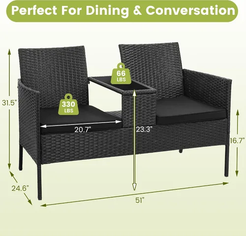 Vista 2 de Kromax Sofá biplaza de mimbre para patio de 2 asientos, sofá biplaza de Ratán negro con cojín negro