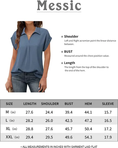 Vista 6 de Messic Womens Short Sleeve Blouses Collared V Neck Shirts Chiffon Summer Business Casual Tops