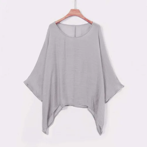 Vista 3 de Blusa de verano de lino de algodón para mujer, dobladillo irregular, asimétrico, hombros caídos, con textura, plisado liso