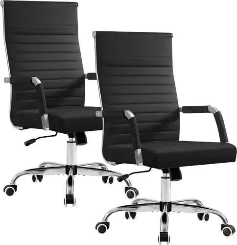 Vista 25 de Furmax Silla de escritorio de oficina acanalada con respaldo medio, silla ejecutiva de piel sintética, silla giratoria ajustable con brazos