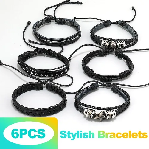 Vista 2 de Paquete de 6 pulseras punk góticas y emo, pulseras ajustables de cuero con tachuelas