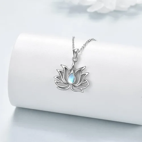 Vista 4 de CRMAD Collar de loto para mujer, plata de ley, piedra lunar, flor de loto, colgante de joyería de regalo, Metal,