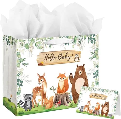 Vista 7 de Laidans Bolsa de regalo de 16.5 pulgadas para baby shower o cumpleaños con asa, papel de seda y tarjeta de felicitación