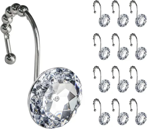 Vista 9 de Sunlit Diseño de Lujo Redondo Aqua Azul Diamante Cristal Gema Bling con Bolas Deslizantes Ganchos para Cortina de Ducha, Anillos para Cortina