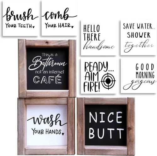 Vista 3 de Divertidos letreros decorativos de baño, decoración de baño de granja con 9 frases intercambiables, accesorios rústicos para decoración de estantes