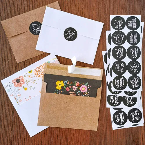 Vista 4 de 150 juegos de tarjetas de agradecimiento en blanco a granel con sobres, calcomanías, surtido de 6 diseños de caligrafía de acuarela floral, tarjetas