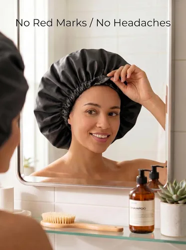 Vista 3 de Aquior Gorro de ducha para mujer, extra ajustable, doble capa, impermeable, reutilizable, gorra de pelo de tamaño grande para todo el cabello