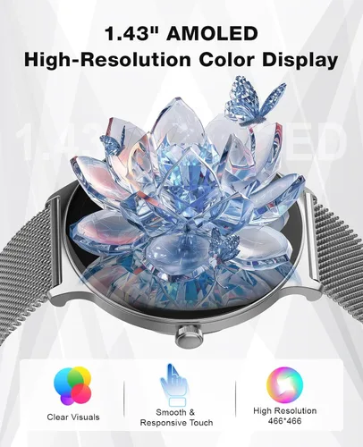 Vista 5 de SOUYIE Relojes inteligentes para mujeres y hombres, pantalla AMOLED de 1.43 pulgadas, monitor de actividad física, frecuencia cardíaca, presión