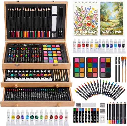 Vista 13 de Juego de arte de lujo de 175 piezas en madera, kit de dibujo y pintura con 2 blocs de dibujo, pinturas acrílicas, lápices de colores, lápices