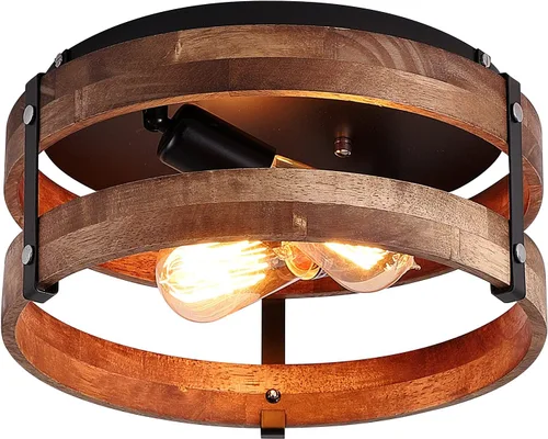 Vista 8 de Moderno de granja ?Blanco antiguo con aspecto desgastado lámpara de techo empotrada de 2 luces lámpara de techo de tambo de madera montaje