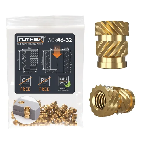 Vista 30 de Ruthex 1/4" Insertos Roscados Cortos - 20 Piezas RX-1/4“-20x6.4 Inserto de Ajuste Térmico de Latón para Partes de Plástico - Pulgadas Tuercas