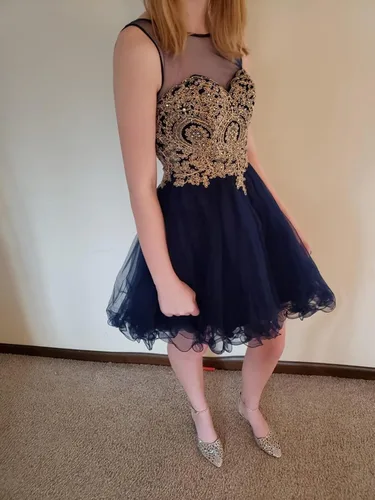 Vista 6 de MisShow Vestidos de tul para adolescentes, apliques de encaje dorado, vestido corto de graduación, sin mangas, vestidos de fiesta de cóctel