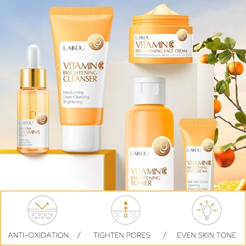 Vista 2 de Set de cuidado de la piel con vitamina C, kit hidratante para el cuidado de la piel de la cara con limpiador facial, suero facial, crema facial