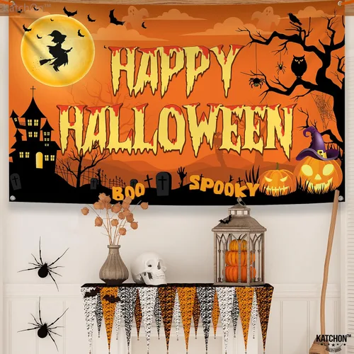 Vista 6 de KatchOn Pancarta espeluznante de Feliz Halloween, extragrande, 72 x 44 pulgadas, telón de fondo naranja de fotos de Halloween para decoraciones
