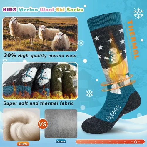 Vista 2 de Hylaea Calcetines de esquí de lana merino para niños, calcetines térmicos cálidos hasta la rodilla para patinaje de snowboard para niños y niñas