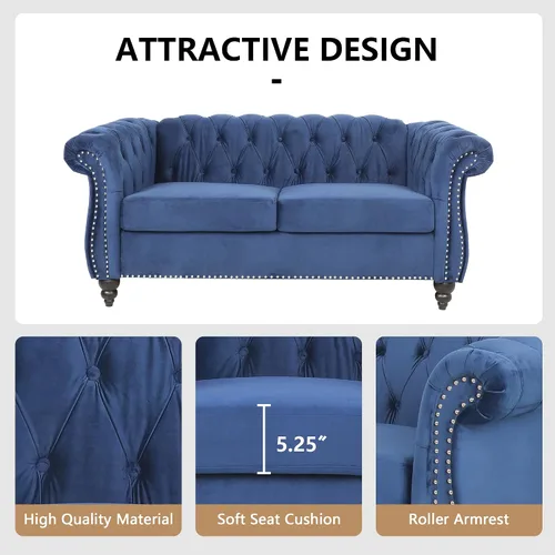Vista 5 de QHITTY Juego de 2 piezas para sala de estar, Silla Sofá Seccional Chesterfield Contemporáneo Tapizado de Terciopelo Loveseat Juegos de Sofá para Azul