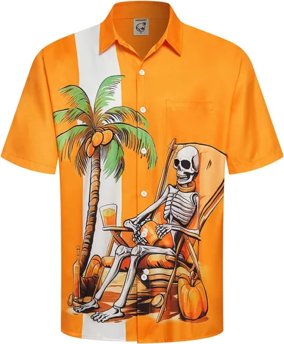 Vista 23 de Camisa de Halloween para Hombre de Hardaddy, de Manga Corta, con Botón, con Estampado Gracioso, Camisa Casual Negro