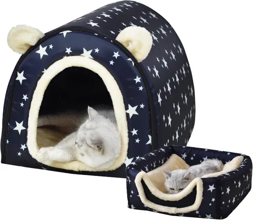 Vista 7 de Cama para gato o cama para perro, 2 formas de uso, casa de mascotas para interior con alfombra esponjosa, cubierta extraíble y lavable, fondo Grúas