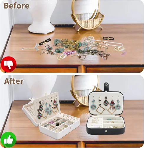 Vista 5 de SMFANLIN Organizador de caja de joyería 2 piezas pequeño estuche de almacenamiento de joyas de piel sintética de viaje con placa de aretes caja