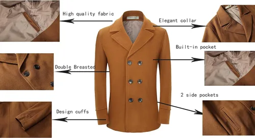 Vista 3 de VICALLED Abrigo de invierno de doble botonadura con cinturón para hombre chaqueta cálida de lana para exteriores