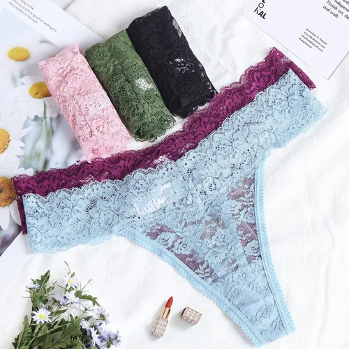 Vista 4 de Riozz Tangas de encaje para mujer, bragas sexys de cintura baja, tangas en T, ropa interior para mujer, paquete de 5, S-XL