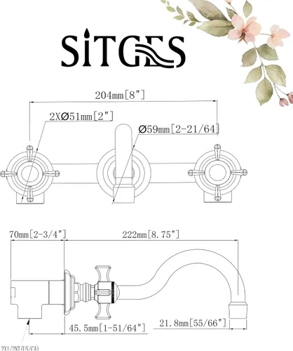Vista 7 de SITGES Grifo de pared, grifo de pared de lavabo de baño de dos manijas con válvula áspera incluida, níquel cepillado