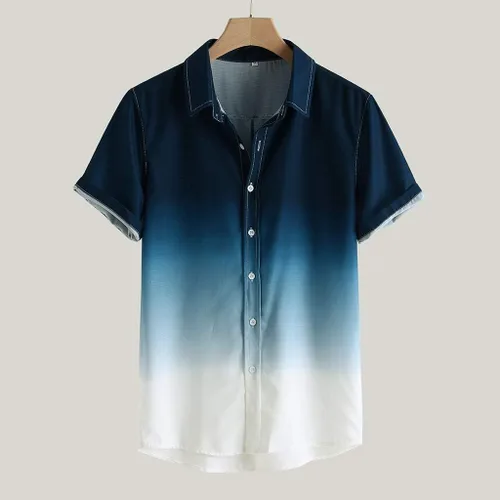 Vista 2 de ZEFOTIM Camisas de lino para hombre, manga corta, con botones, degradado, casual, ajustado, guayabera, playa, trabajo, verano hawaiano