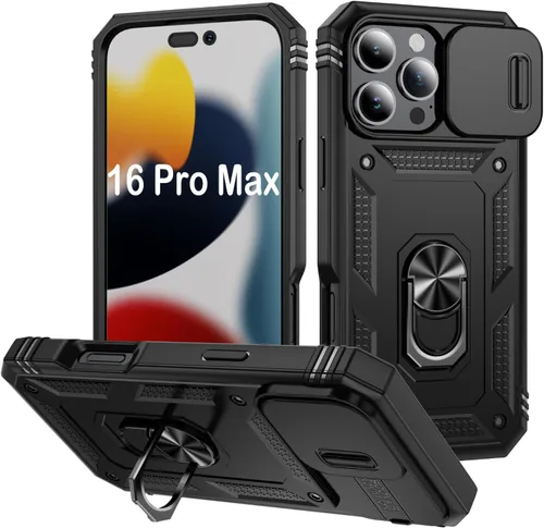 Vista 39 de PASNEW Funda militar para iPhone 13 Pro Max, cubierta de cámara deslizante y soporte de anillo de metal de 360°, carcasa rígida multicapa resistente