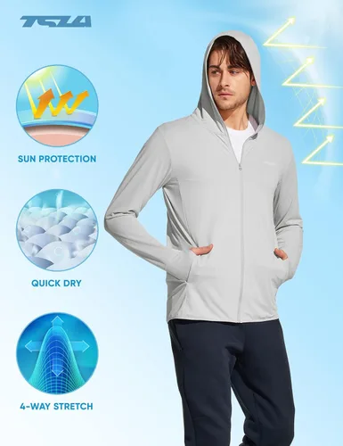 Vista 6 de TSLA Sudadera con capucha de manga larga UPF 50+ para hombre, con cremallera frontal, rendimiento UVSPF, ligera, para correr, pescar
